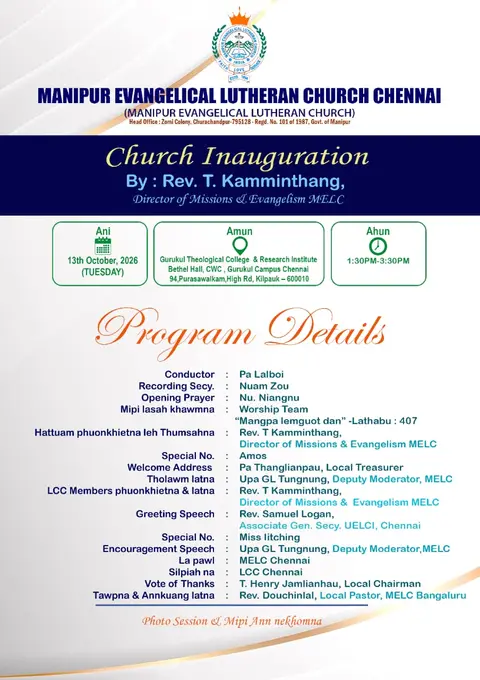 Manipur Evangelical Lutheran Church Chennai Inaugurated by Rev. T. Kamminthang